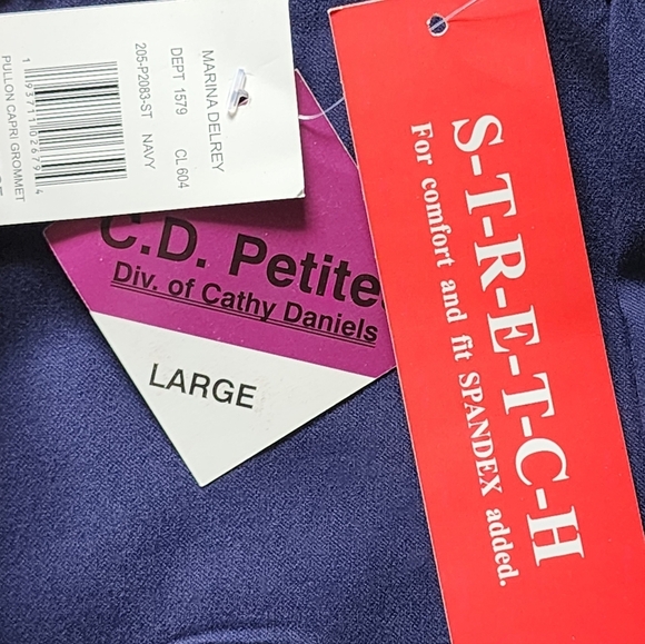 C.D. Petites Navy Pull-On Capri Pants LP Grommet Hem Stretch Cathy Daniels - Picture 4 of 5